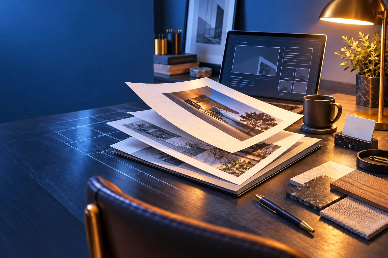 Espacio de trabajo ilustrativo con propuesta arquitectónica y wireframes de una web.