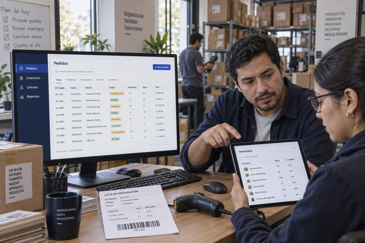 Ejemplo ilustrativo de un equipo consultando pedidos e inventario en computadora y tablet.