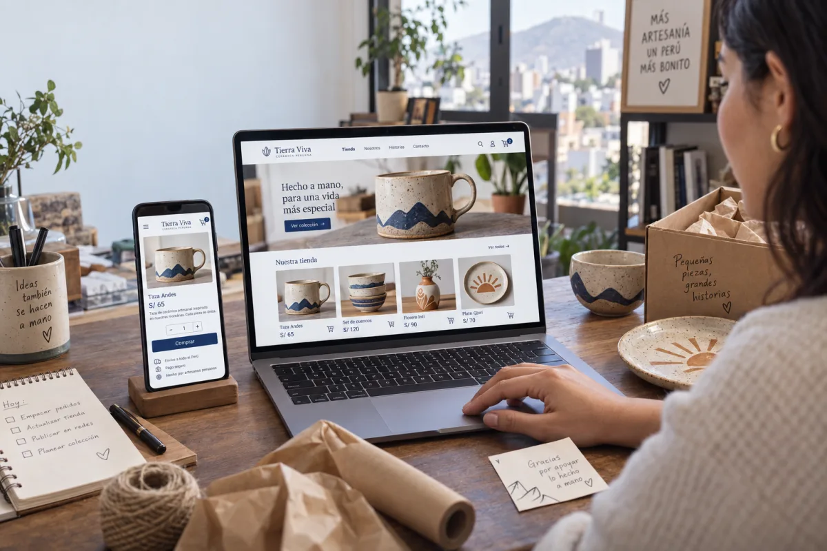 Ejemplo ilustrativo de una tienda online de cerámica en laptop y celular.